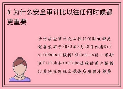 # 为什么安全审计比以往任何时候都更重要 